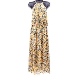 Yellow Tulip Halter Maxi Dress Women's M Hi-Lo Tiered Boho Cottagecore Vacation